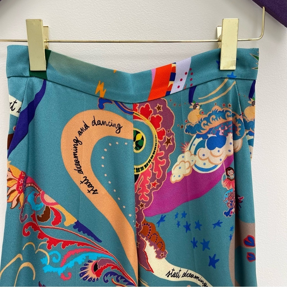 ETRO turquoise satin silk wide leg pants with colourful patterns size 38 XS - Picture 2 of 8